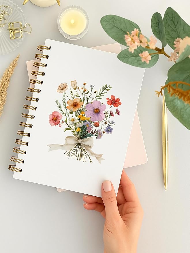 BitKan Floral Spiral Notebook, Pretty Wildflower Flower Journal, Cottagecore Floral Aesthetic Journal for Women, Preppy Bow Botanical Colorful Flower Notebook 5.5x8.3 Inch-374
