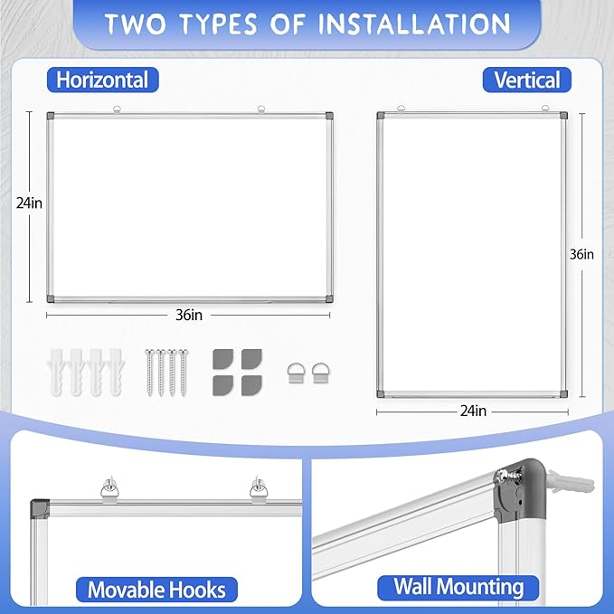 Grtard 36" x 24" Magnetic Dry Erase Whiteboard for Wall, Large Hanging Magnetic White Board with Marker & Magnets, Smooth Writing Dry Erase Board for Office & Home, Christmas Practical Gift Idea