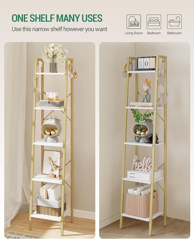 Hzuaneri Ladder Shelf, Bookshelf Bookcase, Freestanding Corner Storage Shelve with 2 Hooks for Home Office, Living Room, Kitchen, Bedroom, Industrial, 11.8" D x 13.4" W x 63" H, White Gold BC03213G