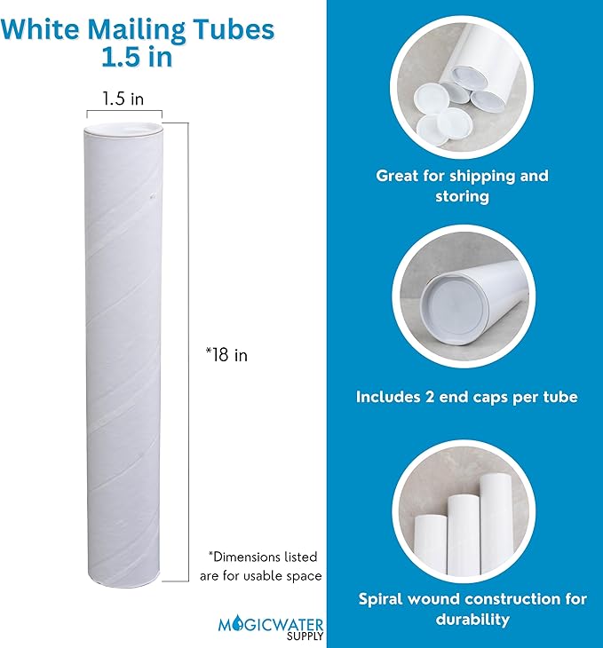 MagicWater Supply Mailing Tube - 1.5 in x 18 in - White - 4 Pack - for Shipping and Storage of Posters, Arts, Crafts, and Documents