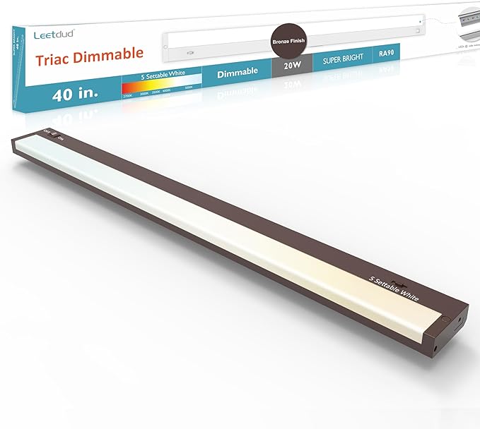 Leetdud LED Under Cabinet Lighting Hardwired or Plug in, 40 Inch 20W, Dimmable 5 Color 2700K/3000K/3500K/4000K/5000K, Linkable Eyes Care Design Counter Lights for Kitchen, Sink, ETL Listed, Bronze