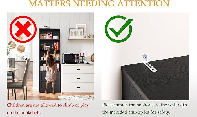 RWYHG 70in Tall Bookshelf 6 Tier Bookcase with Barn Doors and Adjustable Shelf, Black Farmhouse Book Shelves with Storage Cabinet,Wood Floor Standing Display Bookshelve for Bedroom,Living Room,Kitchen