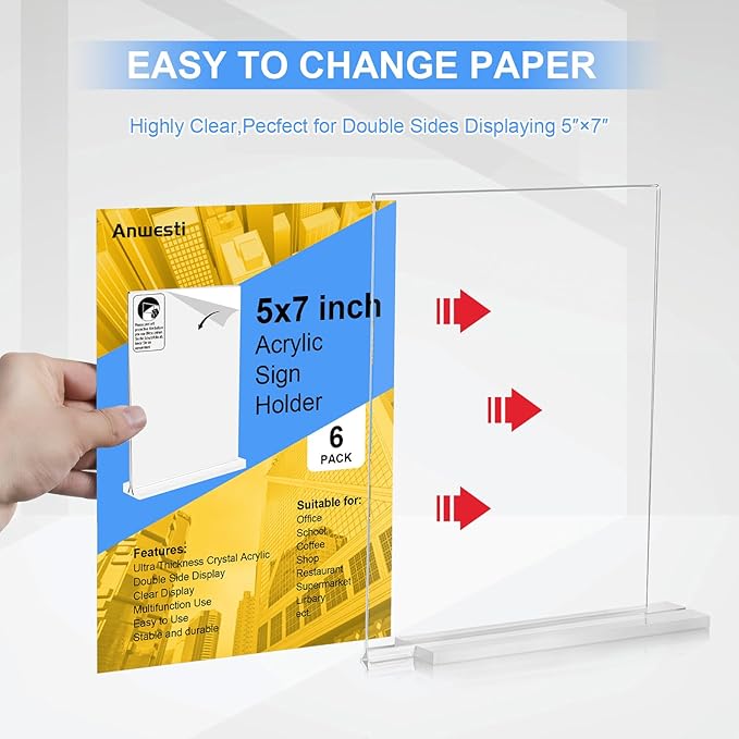 Anwesti 6 Pack Acrylic Sign Holder 5x7 Inches, Clear Small Acrylic Document Holder Frames, Plastic Table Brochure Sign Holder for Office, Events, School, Shop, Trade suppliers