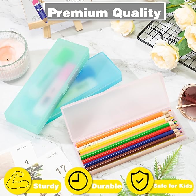 Fainne 24 Pcs Plastic Pencil Case Bulk Pencil Boxes Plastic Stationery Case Frosted Pen Box Pen Holder with Hinged Lid Snap Closure for Office(Single Layer,Blue,7.09 x 2.36 x 0.98 Inch)