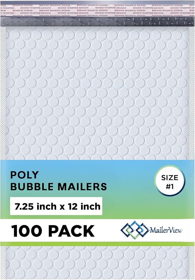 White Poly Bubble Mailers 7.25x12 inch #1 | Self Seal Padded Envelopes | Cushioned Bubble Mailer | Usable Size 7.25x11 | WaterProof | Lightweight mailing Shipping Bags | 100 Pack Bulk | Made in USA
