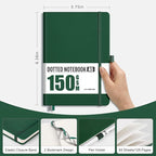 AHGXG Bullet Dotted Journal - 150 GSM Dot Grid Notebook Journal, Thick Acid-Free Paper, A5 Dotted Notebook 128 Pages, Leather Hardcover, Inner Pocket, Journal Stencil, 5.7'' × 8.3'' - Green