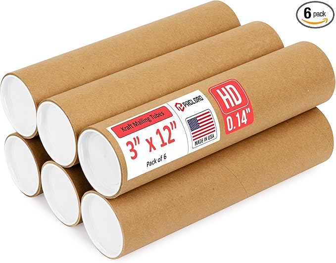 Paclord 3" x 12" Heavy-Duty Reinforced Cardboard Mailing Tube, Pack of 6 Tubes with 12 Caps – Secure USPS Approved – Great for Shipping and Storing of Prints, Artwork, Posters or Documents