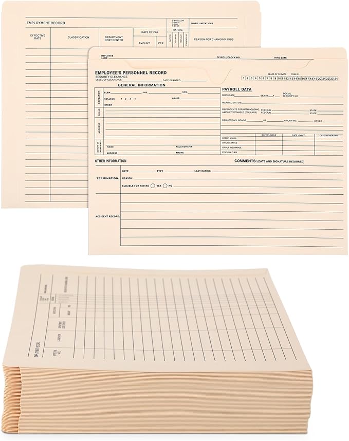 Glenmal 100 Pack Personnel Record Jacket Flat Expansion Employee Record File Jacket 9.5 x 11.75 Inches Employee File Folders for Office Business Commercial Supplies
