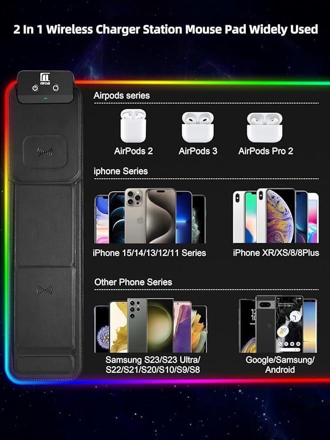 XXL Mouse Pad with Phone Holder - Black, RGB Desk Mat with 15W Fast Charging, LED Gaming Mousepad with 11 Light Colors, Waterproof Non-Slip Pad for Office & Home