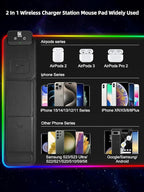 XXL Mouse Pad with Phone Holder - Black, RGB Desk Mat with 15W Fast Charging, LED Gaming Mousepad with 11 Light Colors, Waterproof Non-Slip Pad for Office & Home
