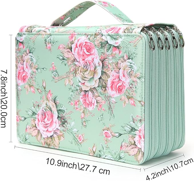 Vomgomfom Colored Pencil Case - 252 Slots Pencil Holder with Zipper Closure Twill Fabric Large Capacity Pencil Case for Watercolor Pens or Markers, Pencil Case Organizer for Artist (Green Rose)