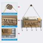 SRIWATANA Mail Holder, Rustic Mail Organizer Wall Mount Hanging Mail Sorter Letter Basket with 5 Key Holder for Wall, Large, Carbonized Black