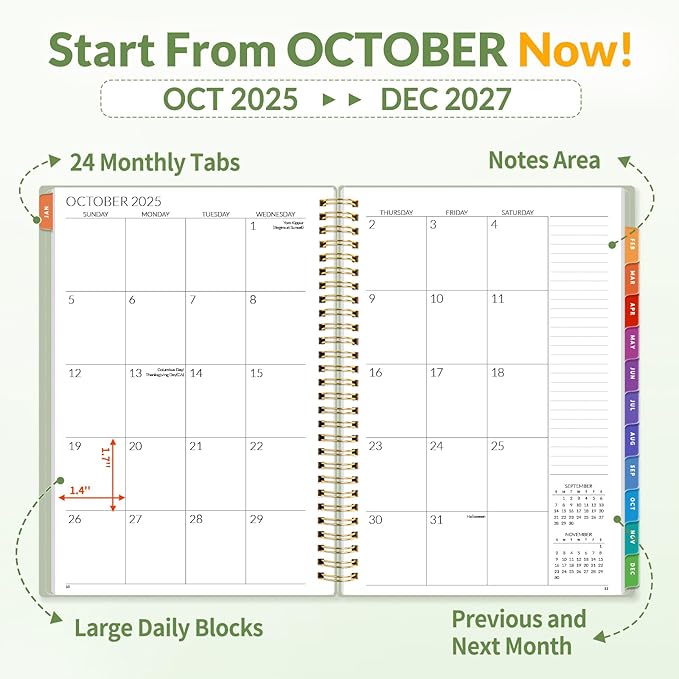 SUNEE 2026-2027 Planner - 24 Months (Jan 2026 - Dec 2027) - 7"x10" Monthly Spreads & Yearly Planner, Sage Green