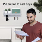 Lwenki Decorative Key Holder for Wall with Shelf, Entryway Shelf with Hooks Holds Leashes, Jackets and Glasses – Sturdy Wood Keyholder Entrance Hanger with Mounting Hardware (Gray, Large)