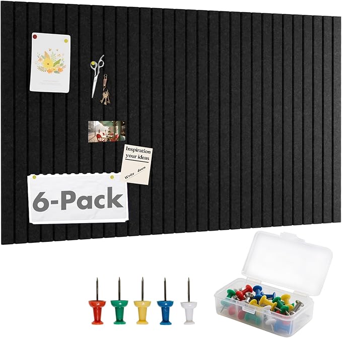 Cork Board Tiles for Wall with Push Pins, Removable 36" x 24" Slat Bulletin Board Sets, Adhesive Pin Board | Magrowill 6 Packs Felt Panels for Office Home Classroom Dorm Interior Wall Decor, Black
