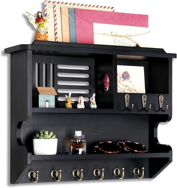 Mutsault Key Holder for Wall, Mail and Key Holder for Home Decor, Key and Mail Holder for Wall with Key Hooks, Black