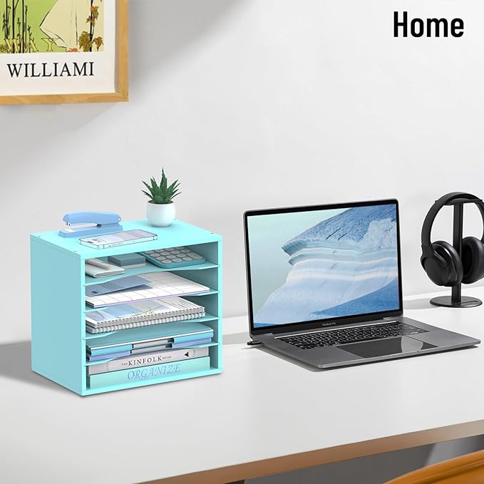 SHARKWOODS 5-Tier Wood Desk Organizer, Paper Tray Organizer for Desk with Adjustable Storage Shelves, Desktop File Organization Paper Sorter Mail Holder for Office Home Classroom, Blue