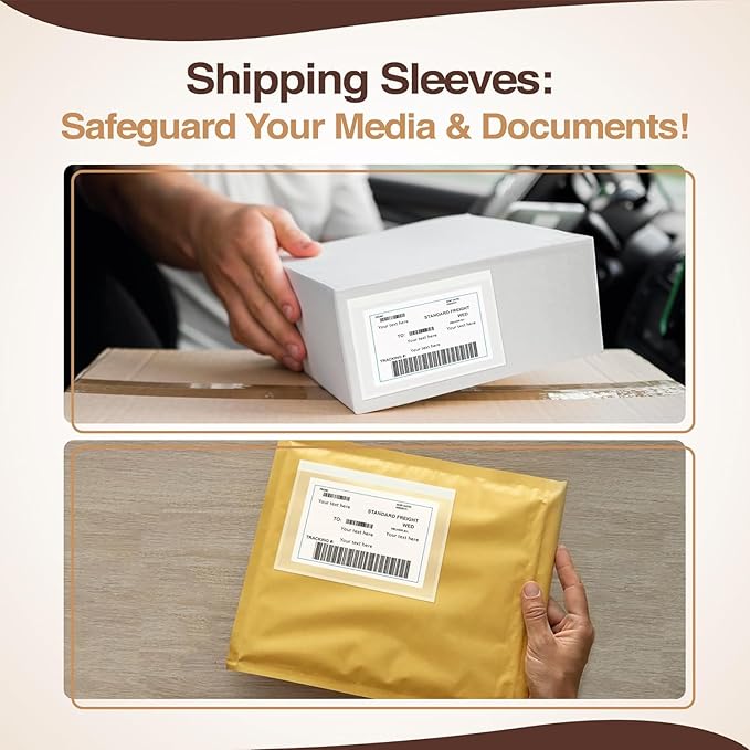 9.5x12 Shipping Label Sleeves 100 Pack Strong Adhesive Back for Secure Package Labelling, Protects Documents with Packing Slip Pouches Packing Sleeves for Mailing and Packaging -WaterProof and Durable