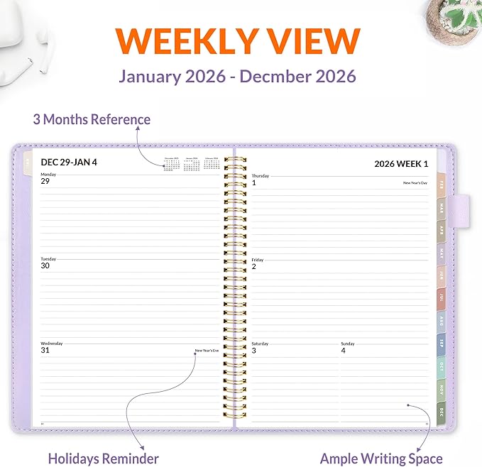 SUNEE 2026 Planner, Weekly and Monthly Calendar Planner 9"x11.2"- 12 Month (January 2026 - December 2026), Vegan Leather Cover, Pocket, Bookmark, Notes, Monthly Tab, Purple