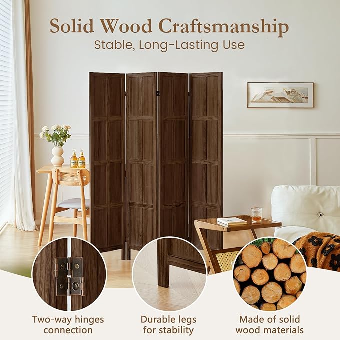 ALeesing 4 Panel Room Divider, 5.6Ft Wood Room Dividers and Folding Privacy Screens, Room Divider Wall Freestanding Room Partitions, Room Dividers Screen for Home Office Bedroom, Dark Brown