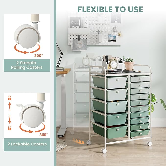 HAPPYGRILL 15-Drawer Rolling Cart, Storage Carts with Removable Drawers & Steel Frame, Utility Cart on Lockable Wheels for Home, School, Office, Macaroon, Gradient Green