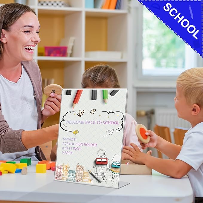 Anwesti Acrylic Sign Holder 8.5" x 11" - 6 Pack Clear L-Shaped Tabletop Menu Frame for Restaurants, Photos, Posters | Slanted Back Design | Durable Promotional Display Stand