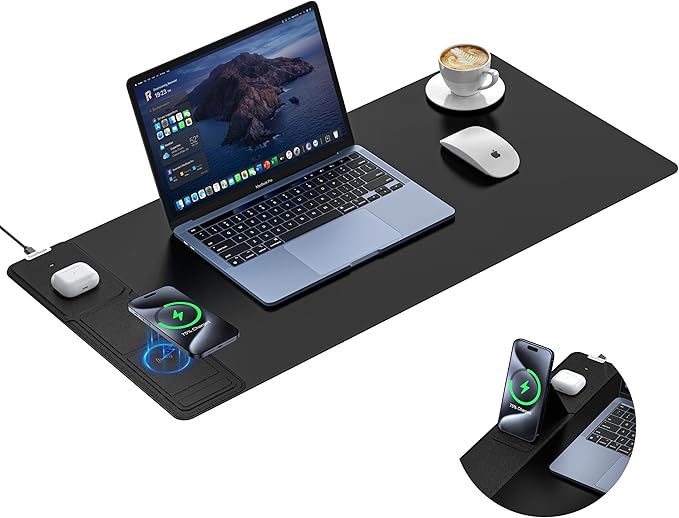 TopMade 4-in-1 Mouse Pad with 15W Wireless Charging, Foldable Phone Holder, 31.5" x 15.75" XXL Large Desk Pad, Gaming Mousepad with Ultra-Smooth Surface, Non-Slip Base, Waterproof Desk Mat, Black