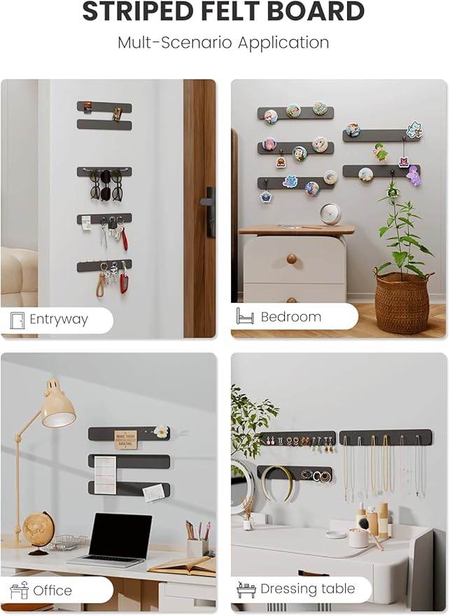 Fluxynara Cork Board Alternative Felt Strip Board 5-Pack 13"x2", Office Pin Board with 35 Push Pins, Adhesive Install for Bedroom Door & Home Office(Charcoal Gray)