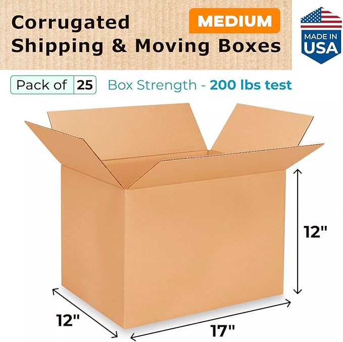 Medium Shipping & Moving Boxes 17"L x 12"W x 12"H (25-Pack) - Extra Strength 200 lb vs Regular - Corrugated Cardboard Box, Made in USA - Medium Moving Box - Packing Box by IDL Packaging