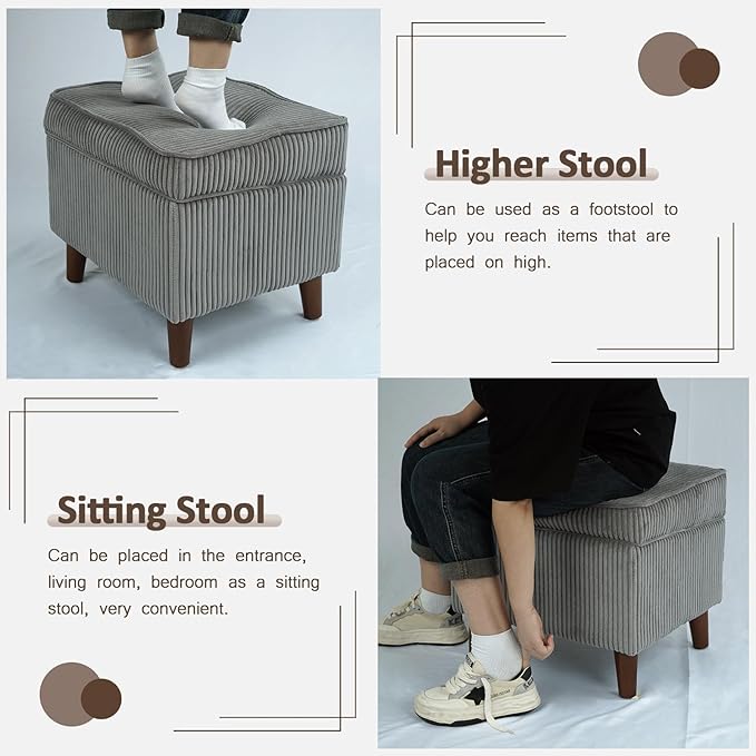 FAGAGA Storage Ottoman with Adjustable Lid, Soft Step Stool, Footrest and Seat, Ottoman Foot Rest for Living Room, Bedroom, Dorm, Light Gray