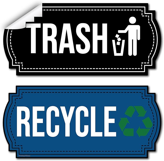 Recycle and Trash Stickers for Trash Cans - Vinyl Recycling Bin Labels - 2 Pack - 6.5" by 3" Blue & Black Decals Logo Set - Waste Signs for Home Kitchen or Office Bins Indoor/Outdoor Use
