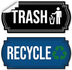 Recycle and Trash Stickers for Trash Cans - Vinyl Recycling Bin Labels - 2 Pack - 6.5" by 3" Blue & Black Decals Logo Set - Waste Signs for Home Kitchen or Office Bins Indoor/Outdoor Use