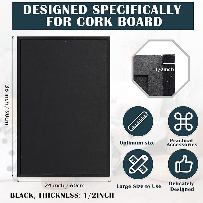 Teling 36" x 24" Cork Board Large Wood Framed Cork Bulletin Board with Pins Eye Bolts Screws Notice Pin Hook for Home School Office Walls(Black Frame)