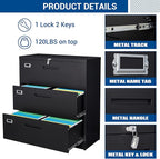 Fesbos Lateral File Cabinet with Lock, 3 Drawer Large Metal Filing Cabinet,Home Office Lockable Storage Cabinet for Hanging Files Letter/Legal/F4/A4 Size-Assembly Required