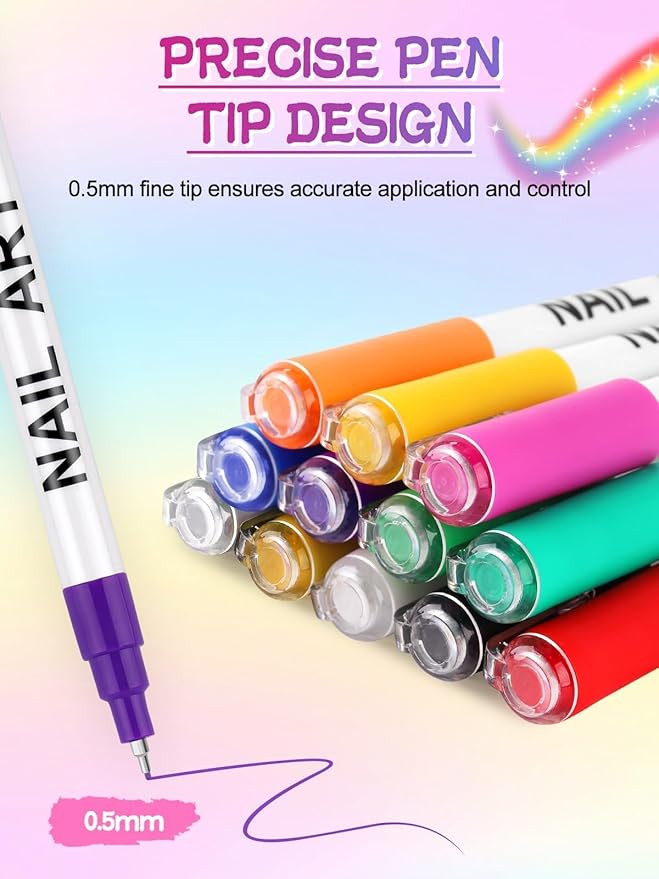 EBANKU 12 Color Nail Art Pens Set, 0.5 MM 3D Nail Polish Pens Acrylic Paint Pens Nail Markers for Nail Art Drawing Painting Nail Point Dotting Pen Nail Design Kit Home Nail Salon DIY