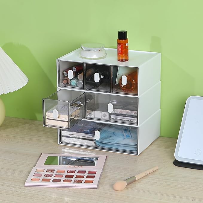 OSteed Desktop Drawers, Desk Organizer with 6 Drawers & Upright Handles, Stackable Craft Storage Box for Home Collection, Cosmetics, Office Supplies (3 Tiers, White & Clear)