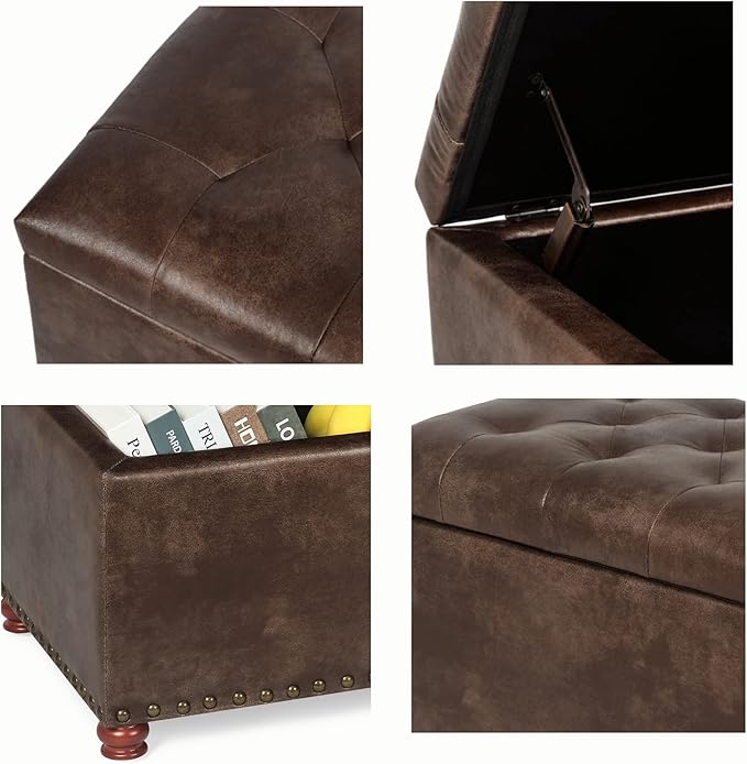Decent Home 24'' Leather Ottoman with Storage Rectangle Foot Rest Ottomans Stool for Living Room(Brown,Leather Texture)