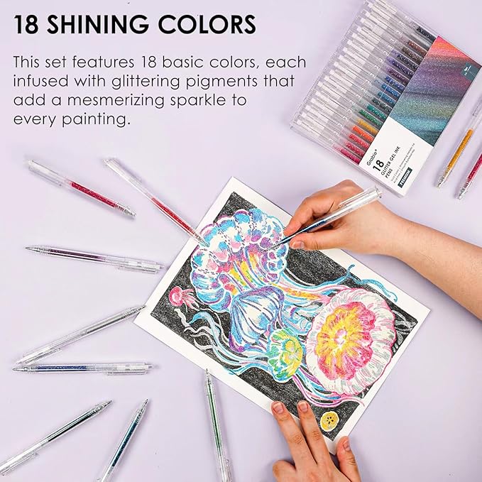 Grabie Glitter Gel Pens, 18 Colors Metallic Glitter Pens & Gel Ink Pens for Adult Coloring Books, Journaling, Drawing, Scrapbooking & DIY Crafts – Retractable Sparkle Pens, Smooth & Non-Toxic