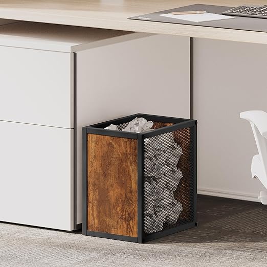 YATINEY Office Trash Can, 4 Gallon Garbage Can, Metal Wastebasket with Wood-Look Panels, Industrial Style Trash Can for Office, Study, Rustic Brown and Black WB03BR
