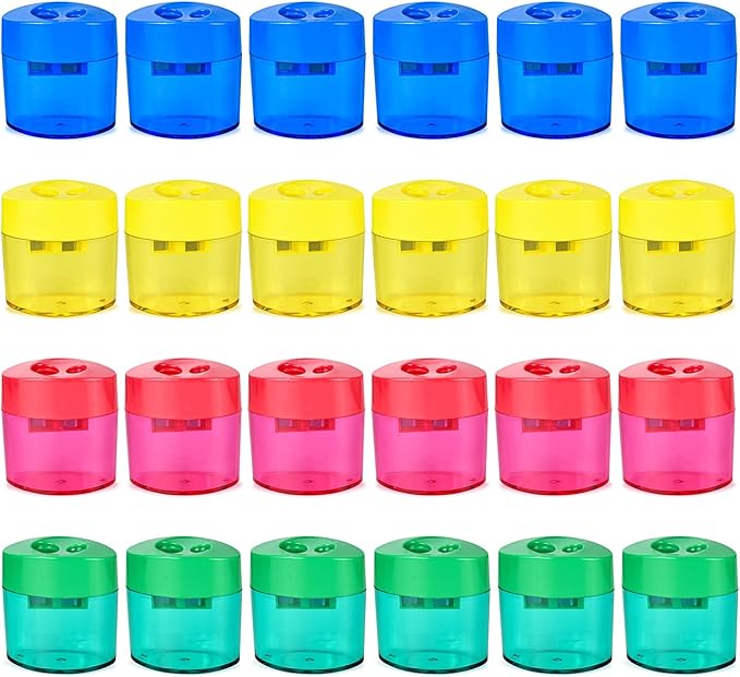 AUSTARK 24Pcs Pencil Sharpener Manual, Assorted Color Small Dual Hole Pencil Sharpeners Bulk with Lid for School Office Home (Oval-24)