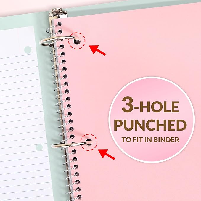 SUNEE Spiral Notebook, 1-Subject, College Ruled Paper, 8" x 10-1/2", 100 Sheets per Notebook, 3-Hole Punched Paper, Water Resistant Cover, Double-sided Pockets, Spiral Lined Notebooks for Work, Pink