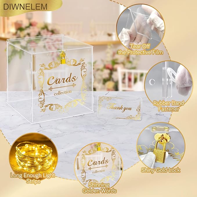 DIWNELEM Acrylic Wedding Card Box with Lock String Light Clear Large Card Box for Wedding Letter Box Envelope Box Acrylic Gift Card Box Money Box for Party Birthday Reception