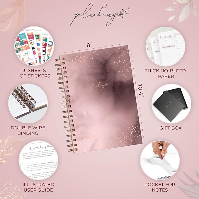 PLANBERRY Large Hourly Schedule Planner Premium – Undated Organizer for Productivity, Time Management & Budget, 8x10.4″ (Rose Gold)