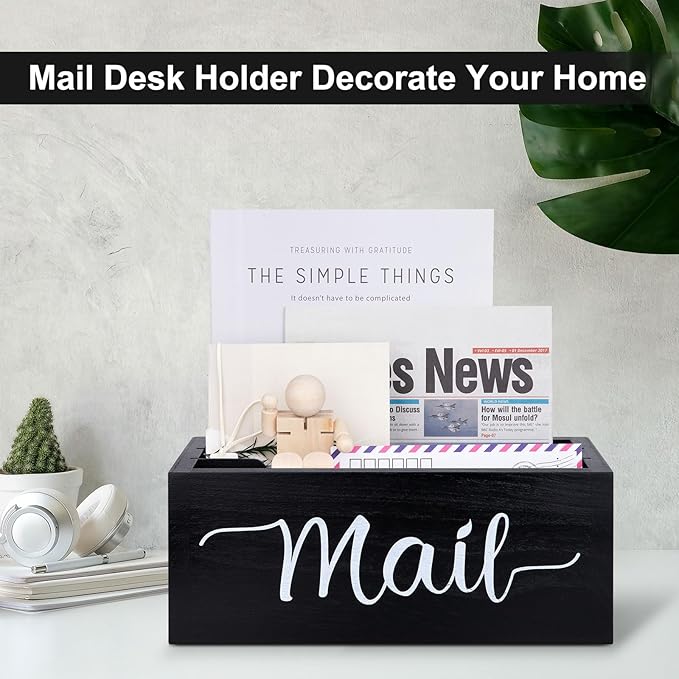 Lucundm Desk Mail Organizer, Mail Organizer Countertop with 3 Slots, Wood Desk Mail Storage Box, Envelop Holder for Home Office (Black-3 Slot)