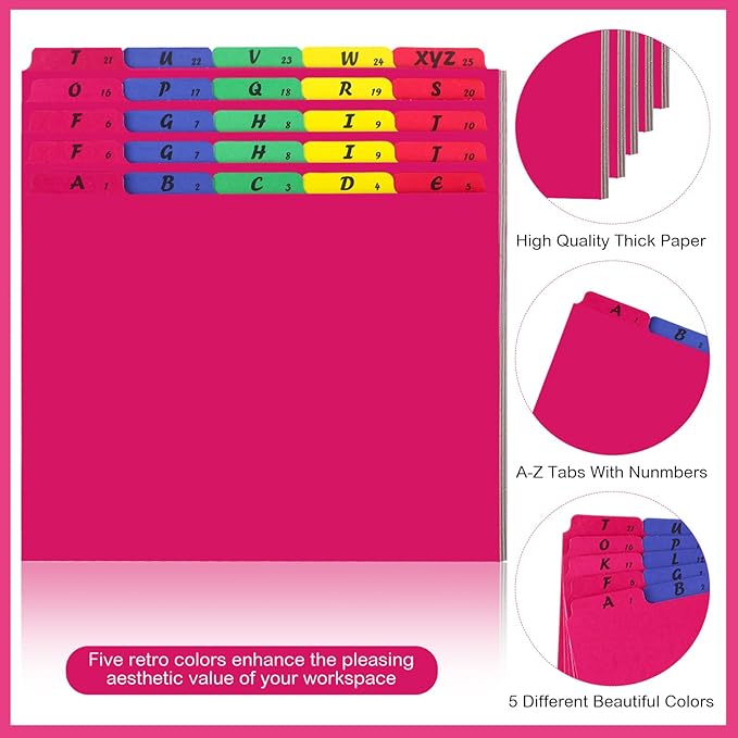 Noveread 1 Set 25 Alphabet File Dividers A-Z Tab Letter Size 1/5 Cut Tab Positions Alphabetical Number File Folder Organizer Guides Cabinet and Desk Dividers for School Office(Bright Colors)