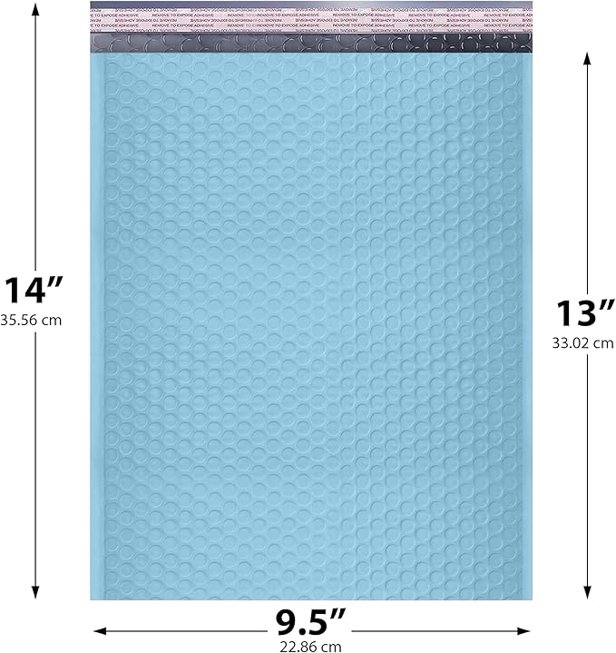 Light Blue 10x13 Inch Poly Bubble Mailers |Self Seal Padded Envelopes for Thick books | Cushioned Bubble Mailer | Usable Size 9.5x13 Inch | Waterproof Lightweight Mailing Shipping Bags | 200 Pack Bulk