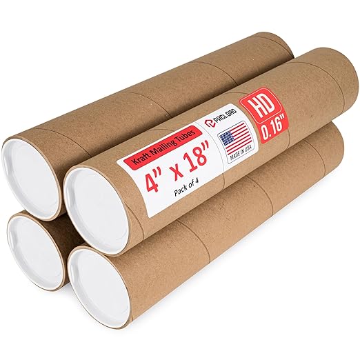 Paclord 4" x 18" Heavy-Duty Reinforced Cardboard Mailing Tube, Pack of 4 Tubes with 8 Caps – Secure USPS Approved – Great for Shipping and Storing of Prints, Artwork, Posters or Documents