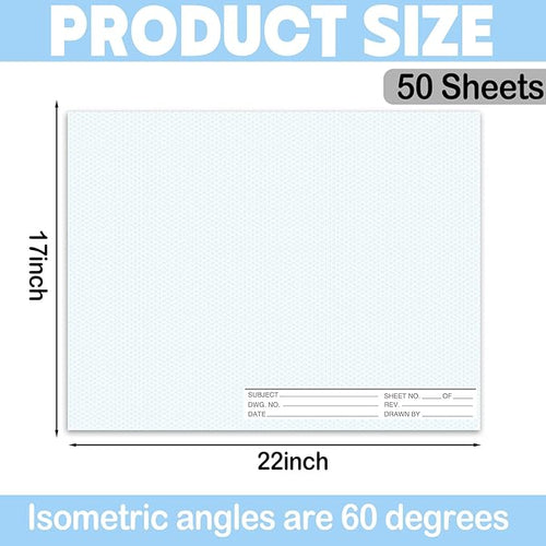 1 Pack 50 Sheets 22" x 17" Isometric Graph Paper Pad Landscape for 3D Designs Architecture Landscaping Engineering Drafting