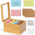 5x8 Index Card Holder with Dividers Bamboo Index Card Storage Box 4 Compartments Recipe Card Box with Lid 150 Index Flash Cards 25 Index Card Dividers 2 Letter Smile Stickers for Office Business Home