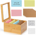 5x8 Index Card Holder with Dividers Bamboo Index Card Storage Box 4 Compartments Recipe Card Box with Lid 150 Index Flash Cards 25 Index Card Dividers 2 Letter Smile Stickers for Office Business Home